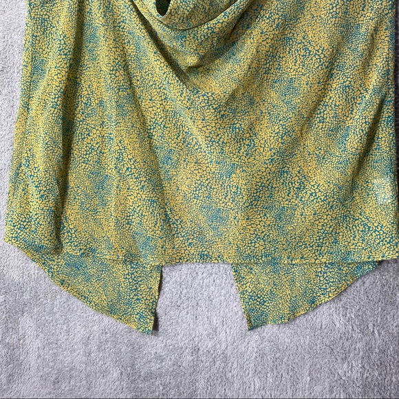 DECREE Blouse Women XL Sheer Cowl Neck Chiffon Blue Yellow Print Flowy Top Shirt - Picture 8 of 12